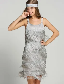 Discount Retro Stage [Clearance] Belted 1920s Fringe Gatsby Dress-US Warehouse Gray