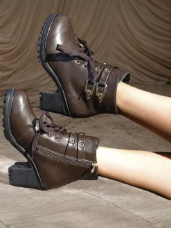 Discount Retro Stage Leather Lace-Up High Heel Ankle Boots Coffee