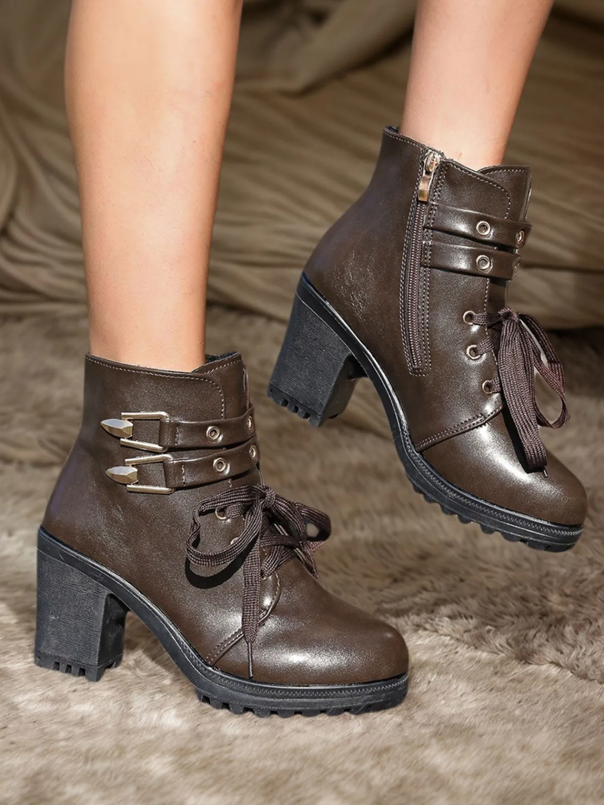 Discount Retro Stage Leather Lace-Up High Heel Ankle Boots Coffee
