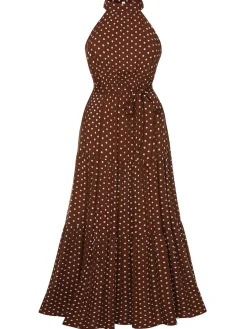 Clearance Retro Stage 1940s Crew Halter Polka Dot Dress Coffee
