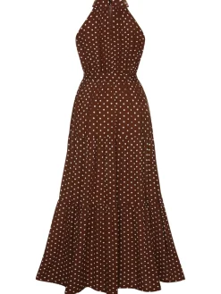 Clearance Retro Stage 1940s Crew Halter Polka Dot Dress Coffee