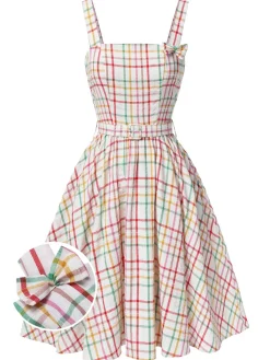 Outlet Retro Stage 1950s Wide Strap Bow Plaid Dress Colorful