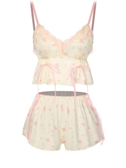 Best Retro Stage Cream Color 1950s Floral Lace Straps Pajama