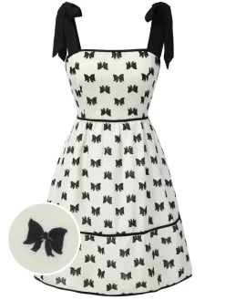 Best Retro Stage Cream 1950s Bow Tie-Up Straps Smocked Dress Cream Color