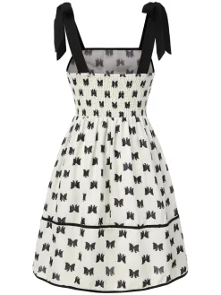 Best Retro Stage Cream 1950s Bow Tie-Up Straps Smocked Dress Cream Color