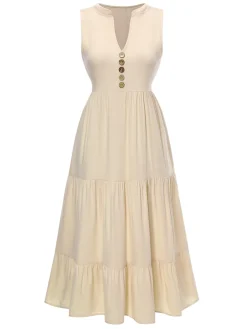 Online Retro Stage Cream 1940s Button Sleeveless Tiered Dress Cream Color