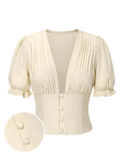 New Retro Stage Cream 1940s Cotton Deep V-Neck Ruched Top Cream White