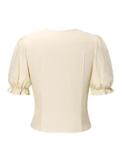 New Retro Stage Cream 1940s Cotton Deep V-Neck Ruched Top Cream White