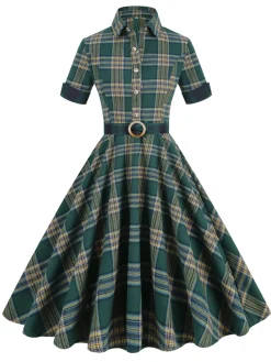 Clearance Retro Stage 1950s Lapel Plaid Dress Dark Army Green