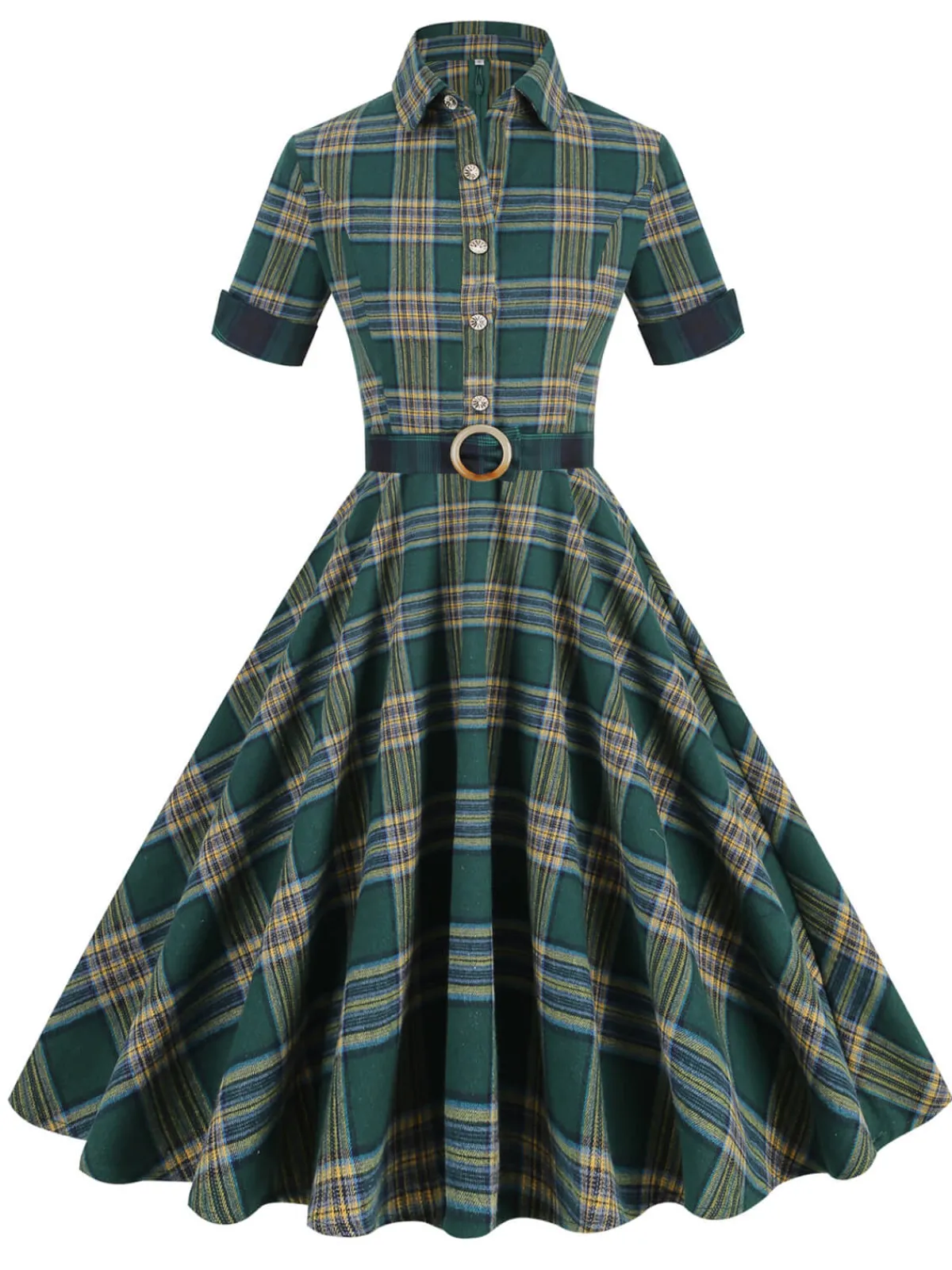 Clearance Retro Stage 1950s Lapel Plaid Dress Dark Army Green