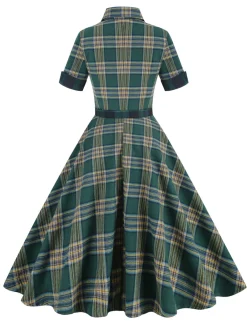 Clearance Retro Stage 1950s Lapel Plaid Dress Dark Army Green
