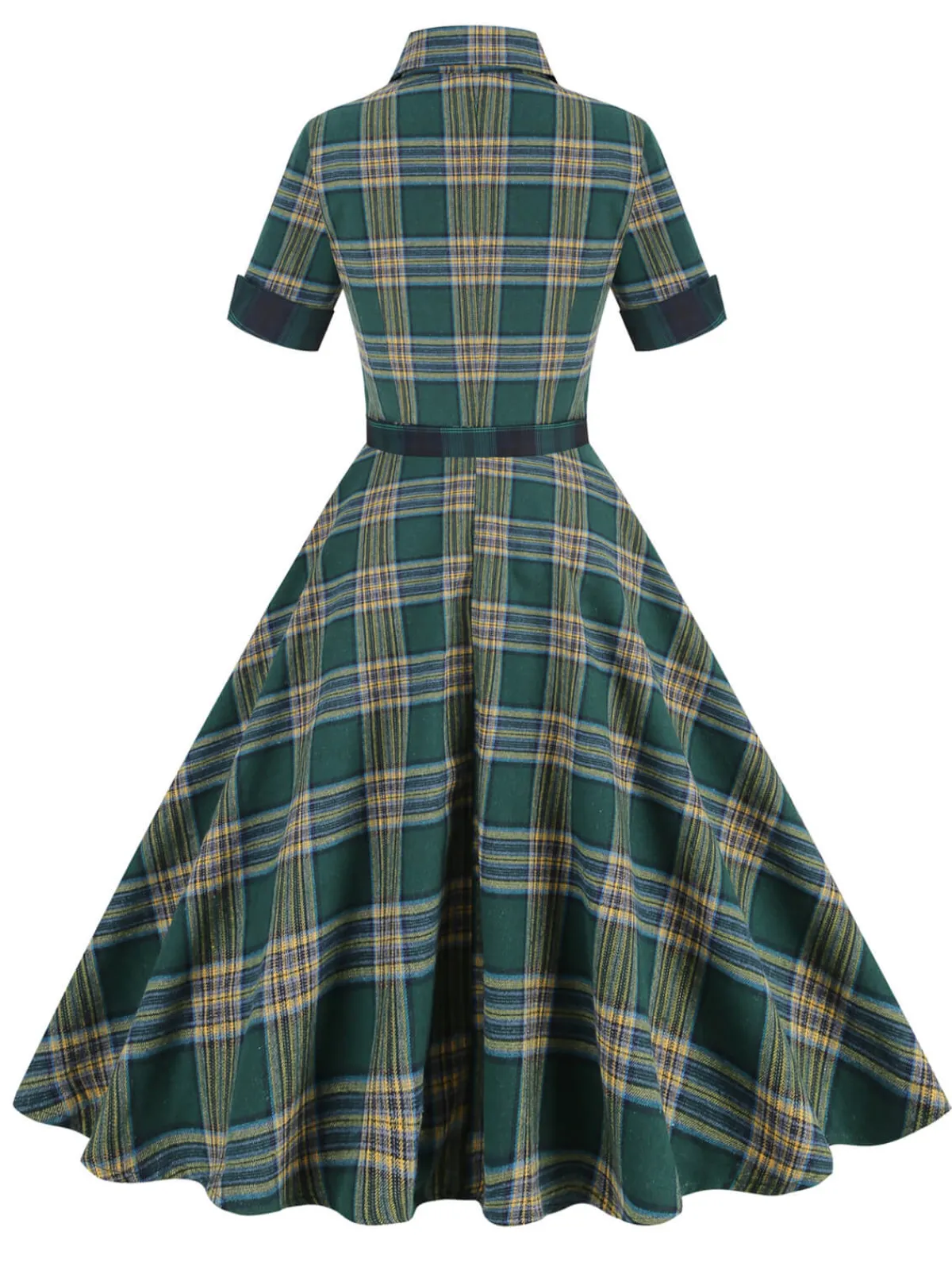Clearance Retro Stage 1950s Lapel Plaid Dress Dark Army Green