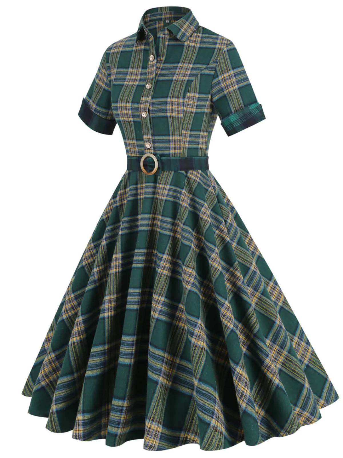 Clearance Retro Stage 1950s Lapel Plaid Dress Dark Army Green