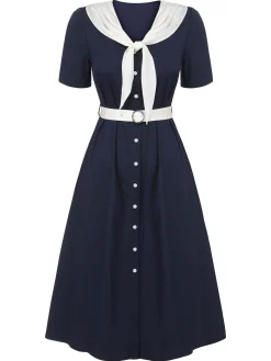 New Retro Stage 1940s Sailor Collar Dress Dark Blue & White