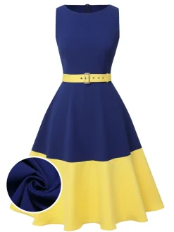 Outlet Retro Stage & Yellow 1950s Solid Boat Neck Dress Dark Blue