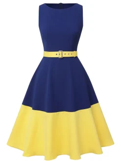 Outlet Retro Stage & Yellow 1950s Solid Boat Neck Dress Dark Blue