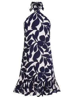 Outlet Retro Stage Dark 1940s Backless Halter Floral Dress Blue