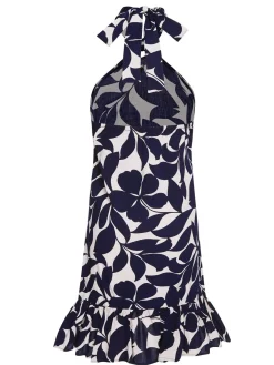 Outlet Retro Stage Dark 1940s Backless Halter Floral Dress Blue