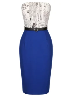 Fashion Retro Stage 1960s Bandeau Newspaper Belted Pencil Dress Dark Blue