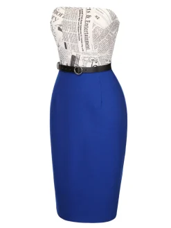 Fashion Retro Stage 1960s Bandeau Newspaper Belted Pencil Dress Dark Blue