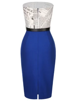 Fashion Retro Stage 1960s Bandeau Newspaper Belted Pencil Dress Dark Blue