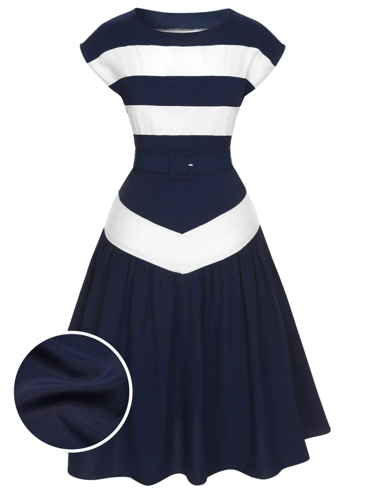 Discount Retro Stage 1940s Boat Neck Stripe Dress Dark Blue