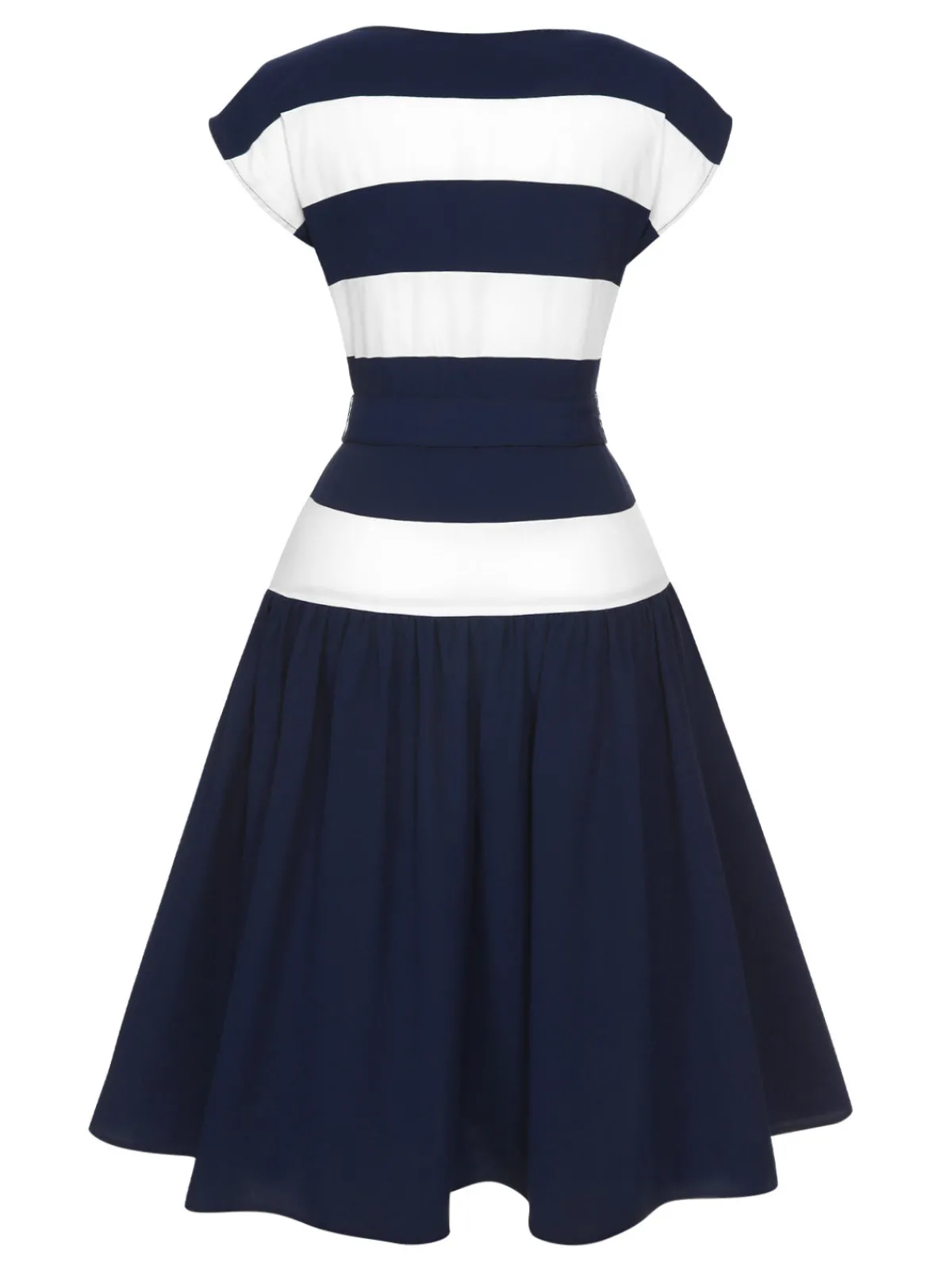 Discount Retro Stage 1940s Boat Neck Stripe Dress Dark Blue