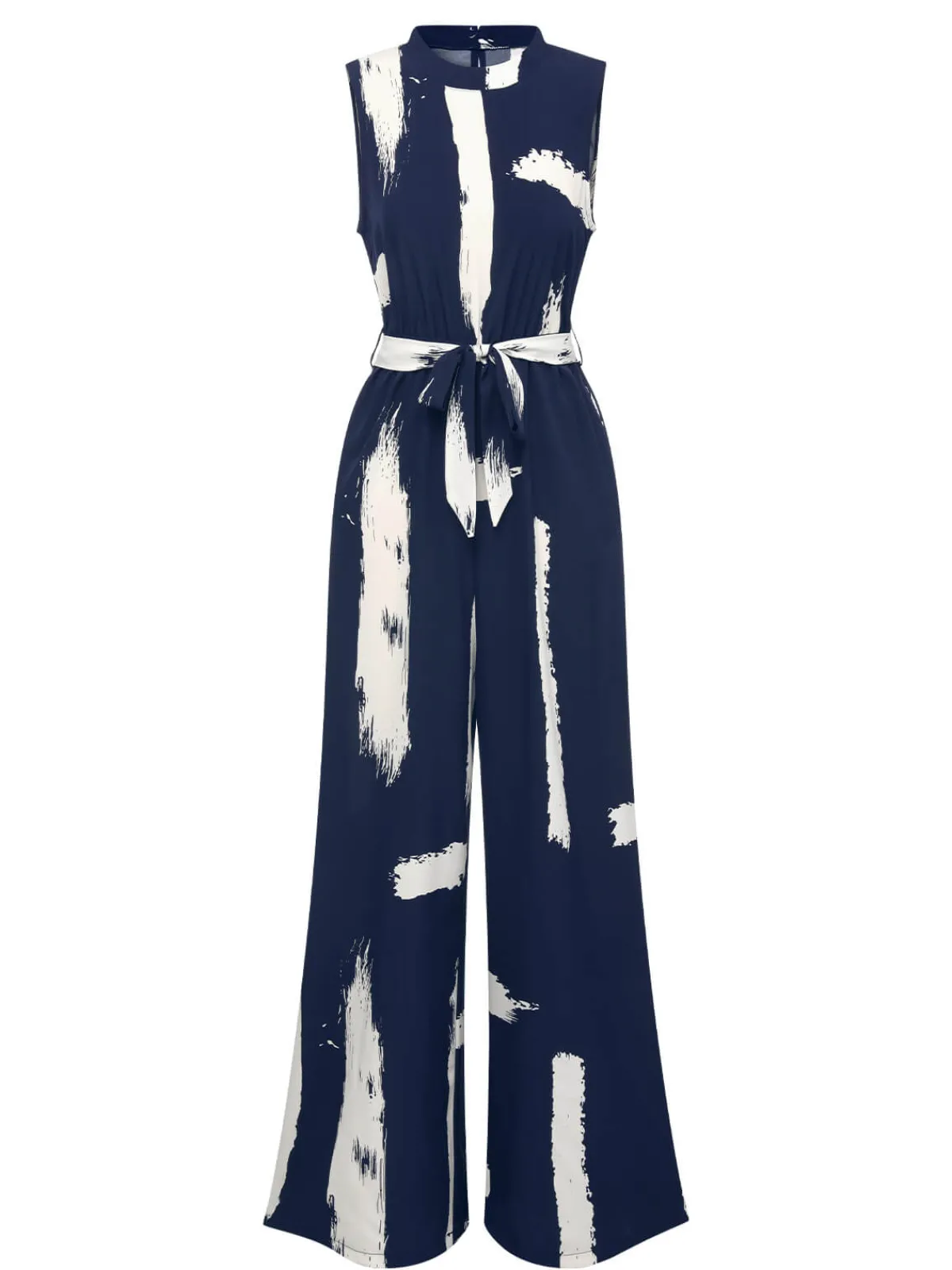 Outlet Retro Stage 1940s Brush Print Jumpsuit With Belt Dark Blue