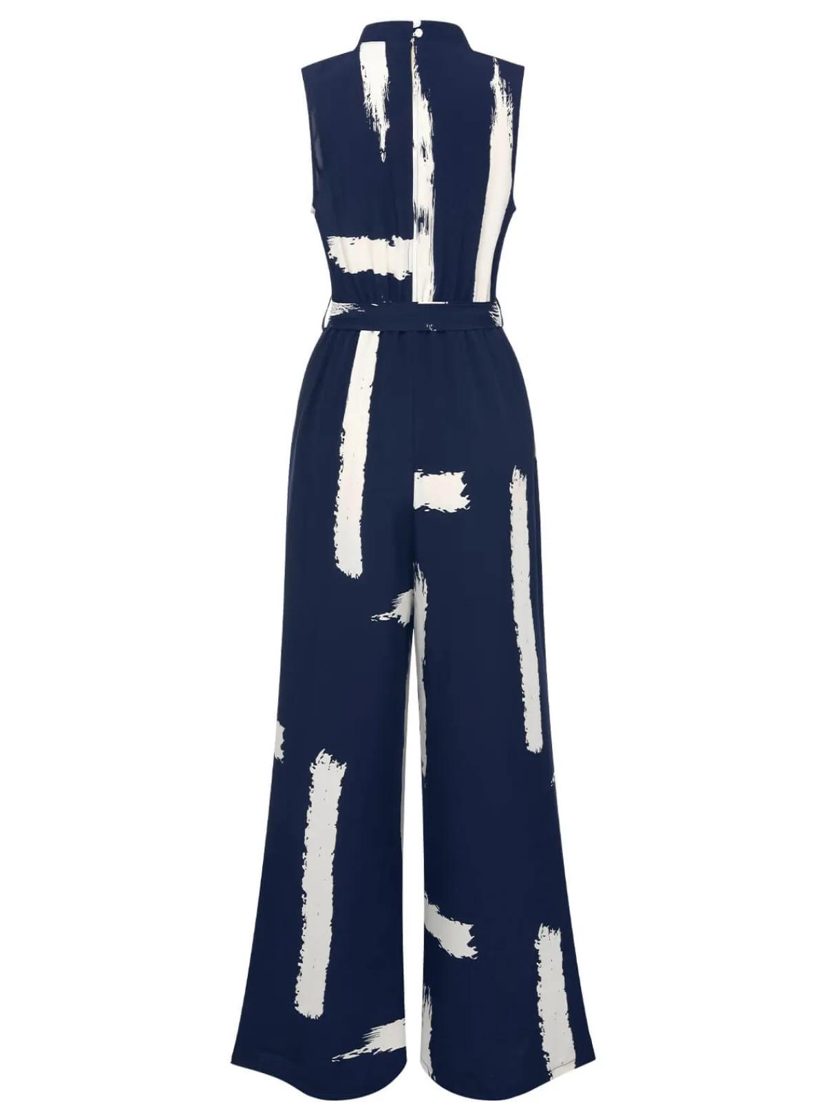 Outlet Retro Stage 1940s Brush Print Jumpsuit With Belt Dark Blue