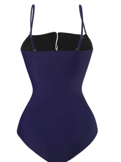 Outlet Retro Stage 1940s Button Spaghetti Strap One-piece Swimsuit Dark Blue