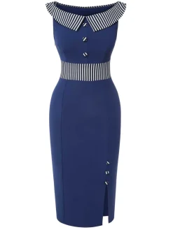 Outlet Retro Stage 1960s Buttoned Stripes Dress Dark Blue