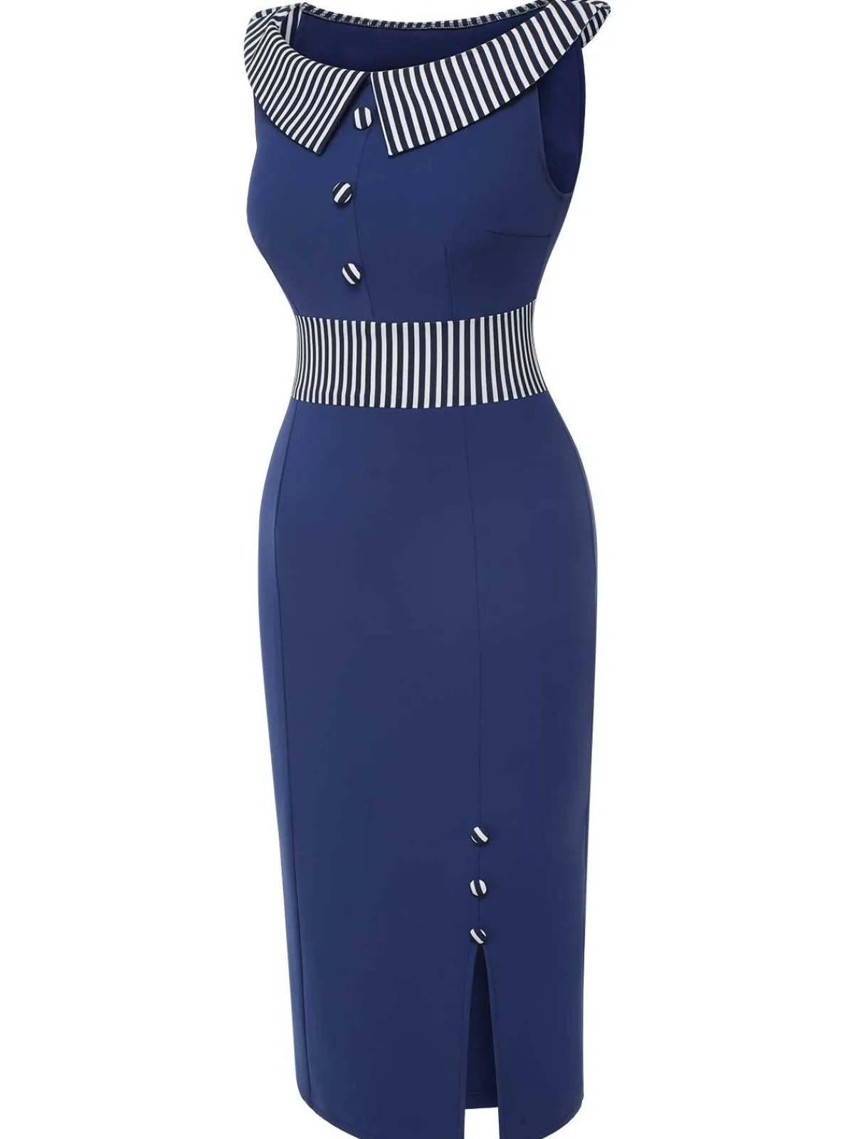 Outlet Retro Stage 1960s Buttoned Stripes Dress Dark Blue