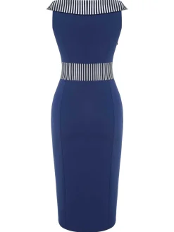 Outlet Retro Stage 1960s Buttoned Stripes Dress Dark Blue