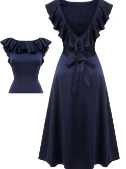 Best Retro Stage 1930s Flounce Sleeve Cowl Neck Trumpet Dress Dark Blue