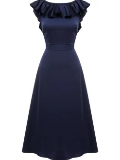 Best Retro Stage 1930s Flounce Sleeve Cowl Neck Trumpet Dress Dark Blue