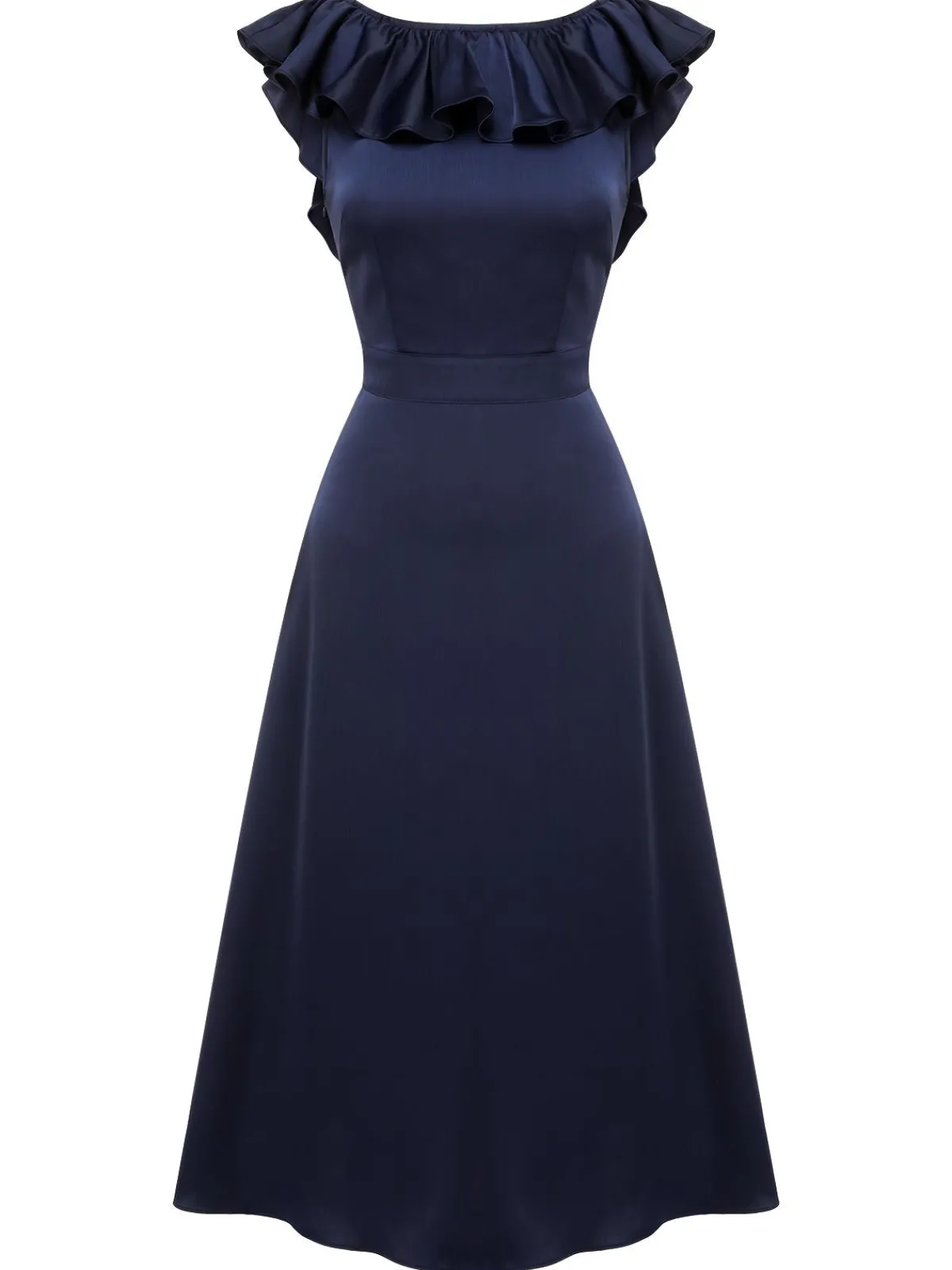 Best Retro Stage 1930s Flounce Sleeve Cowl Neck Trumpet Dress Dark Blue