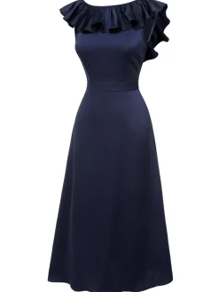 Best Retro Stage 1930s Flounce Sleeve Cowl Neck Trumpet Dress Dark Blue