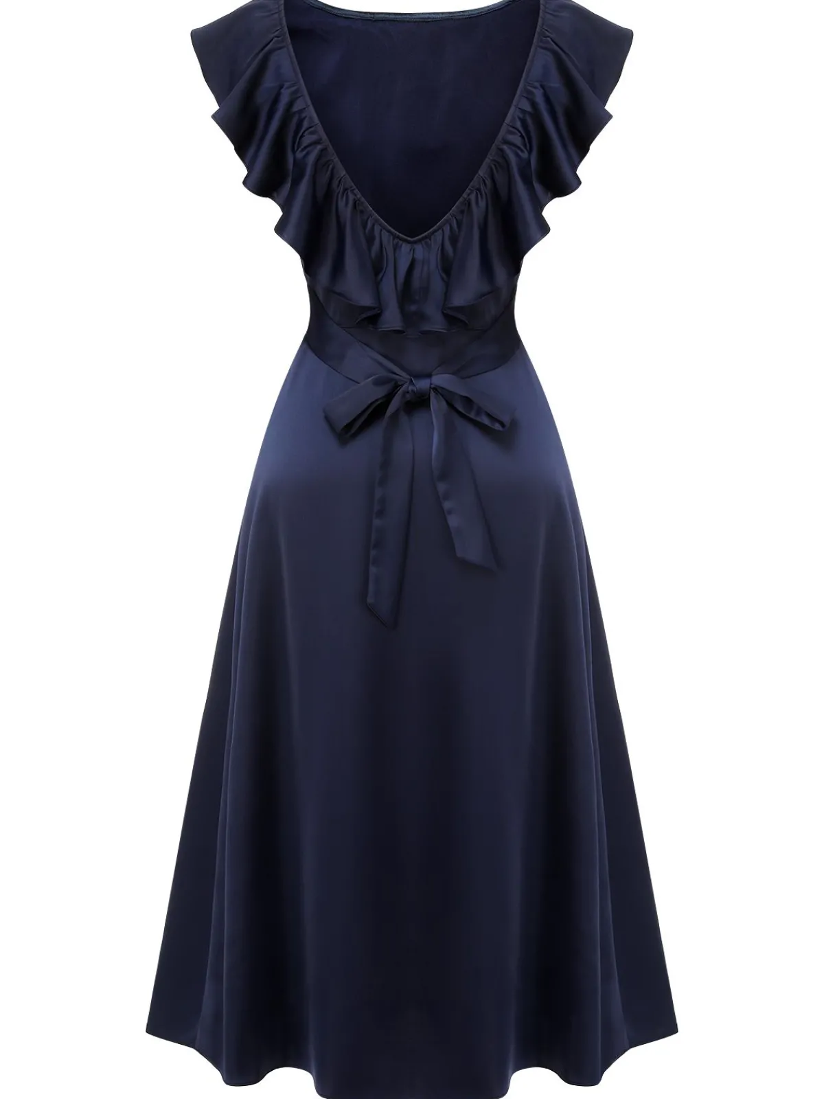 Best Retro Stage 1930s Flounce Sleeve Cowl Neck Trumpet Dress Dark Blue