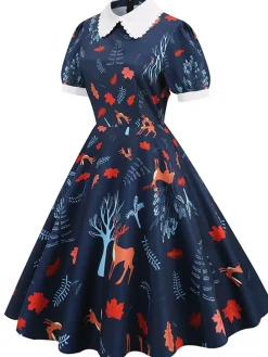 Discount Retro Stage 1950s Forest Puff Lapel Dress Dark Blue
