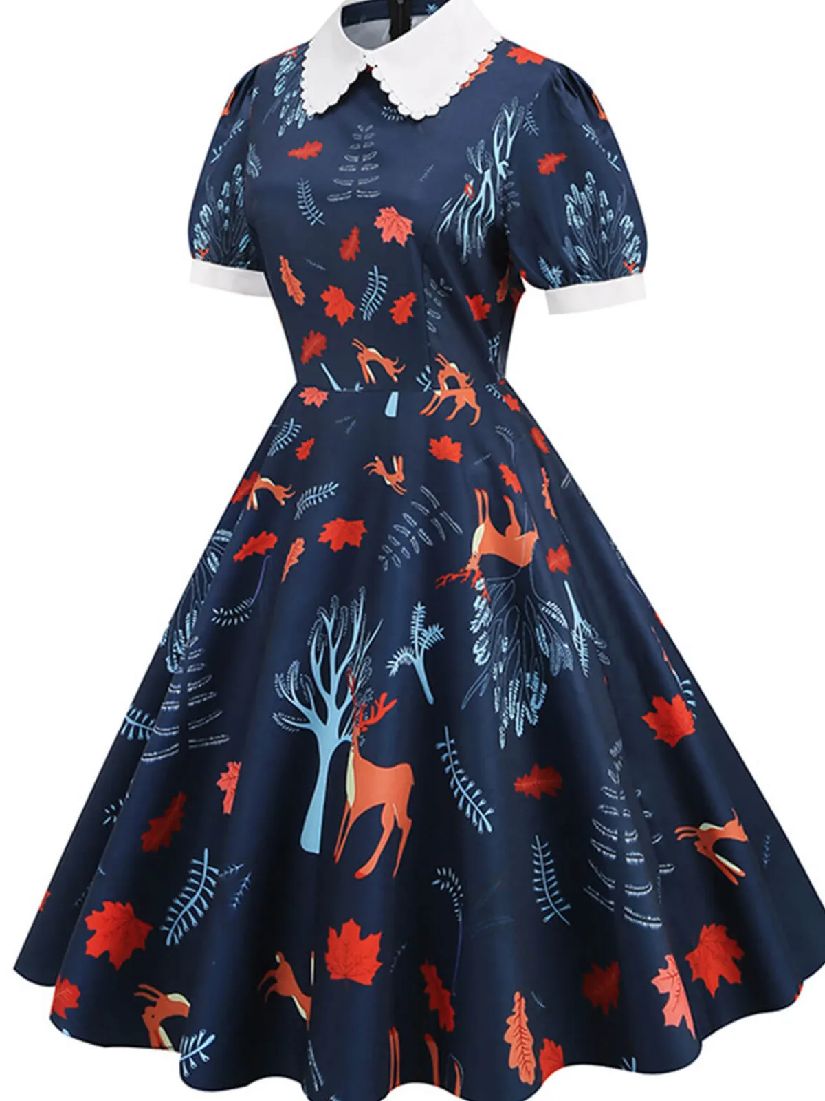 Discount Retro Stage 1950s Forest Puff Lapel Dress Dark Blue