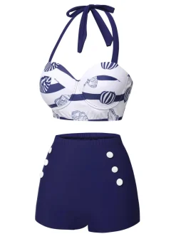 Hot Retro Stage 1940s Halter Ocean Stripes Swimsuit Dark Blue