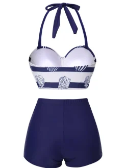 Hot Retro Stage 1940s Halter Ocean Stripes Swimsuit Dark Blue