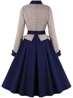 Online Retro Stage 1950s Houndstooth Patchwork Belted Dress Dark Blue