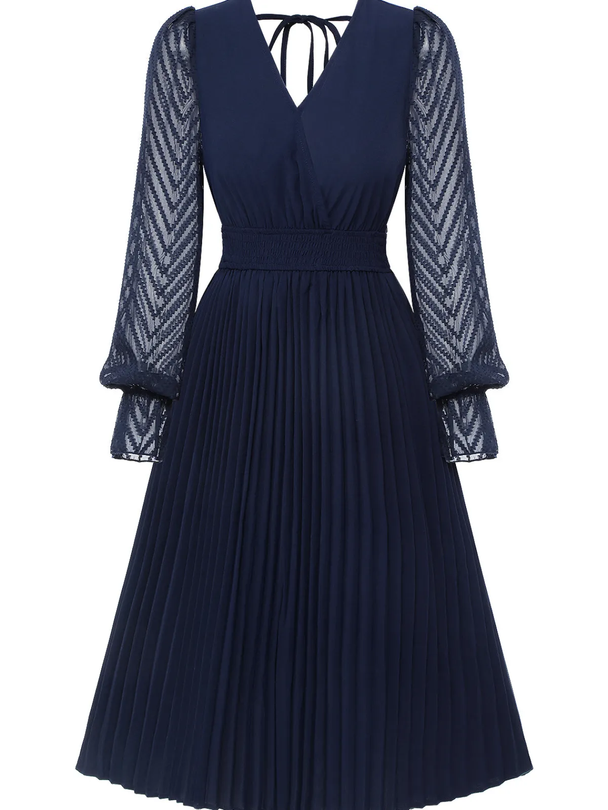 Clearance Retro Stage 1960s Jacquard V-Neck Bishop Sleeve Dress Dark Blue