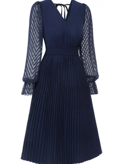 Clearance Retro Stage 1960s Jacquard V-Neck Bishop Sleeve Dress Dark Blue