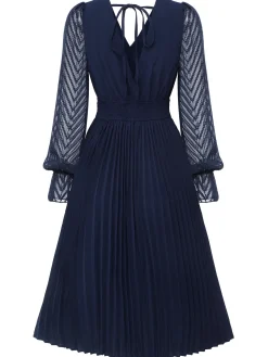 Clearance Retro Stage 1960s Jacquard V-Neck Bishop Sleeve Dress Dark Blue