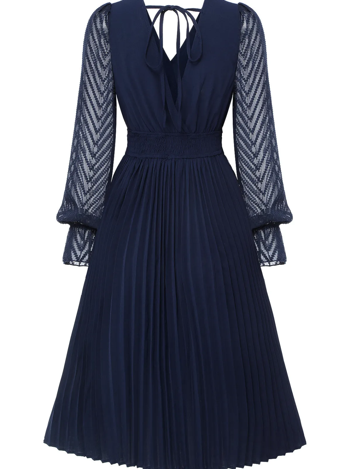 Clearance Retro Stage 1960s Jacquard V-Neck Bishop Sleeve Dress Dark Blue