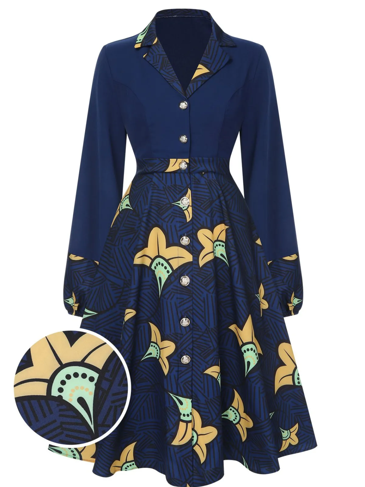 Sale Retro Stage 1940s Lapel Cartoon Floral Dress Dark Blue