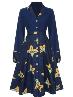 Sale Retro Stage 1940s Lapel Cartoon Floral Dress Dark Blue