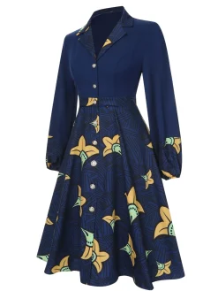 Sale Retro Stage 1940s Lapel Cartoon Floral Dress Dark Blue